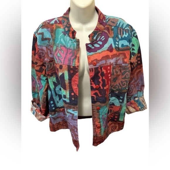 VTG Artsy Boxy Jean Jacket Sz M Colorful Graffiti Print Cotton Pockets Casual - Picture 8 of 9
